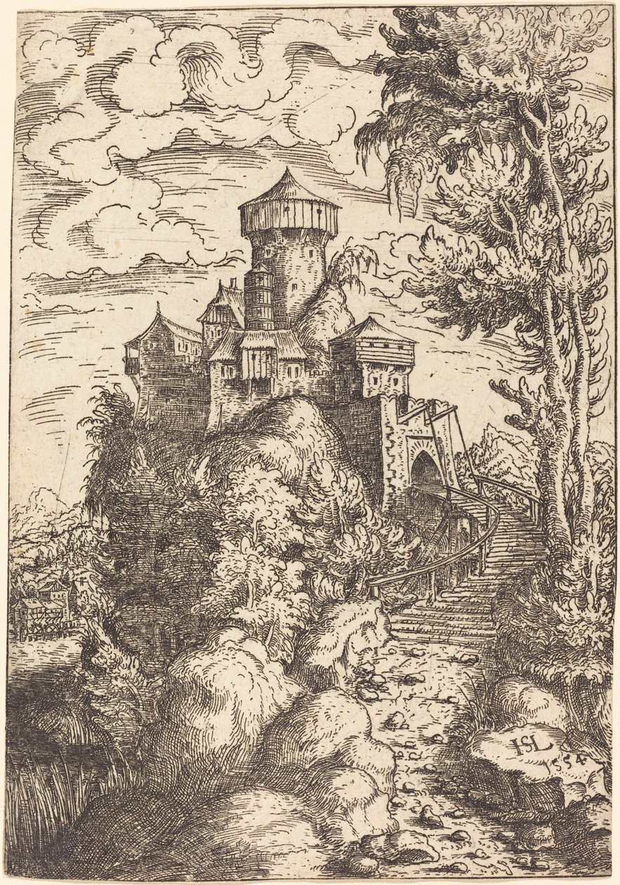 Maisema, linnoitus ja isot portaat, 1554. tekijältä Hans Sebald Lautensack