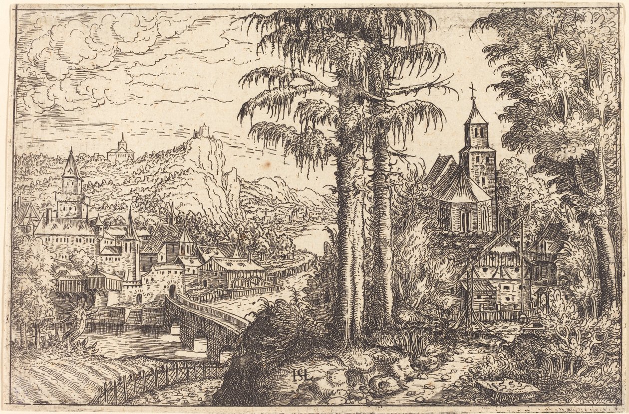 Näkymä kaupunkiin lähellä jokea, jonka oikealla puolella on kirkko, 1553. tekijältä Hans Sebald Lautensack