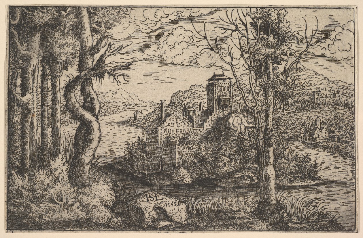 Näkymä joelle, linna saarella, 1553. tekijältä Hans Sebald Lautensack