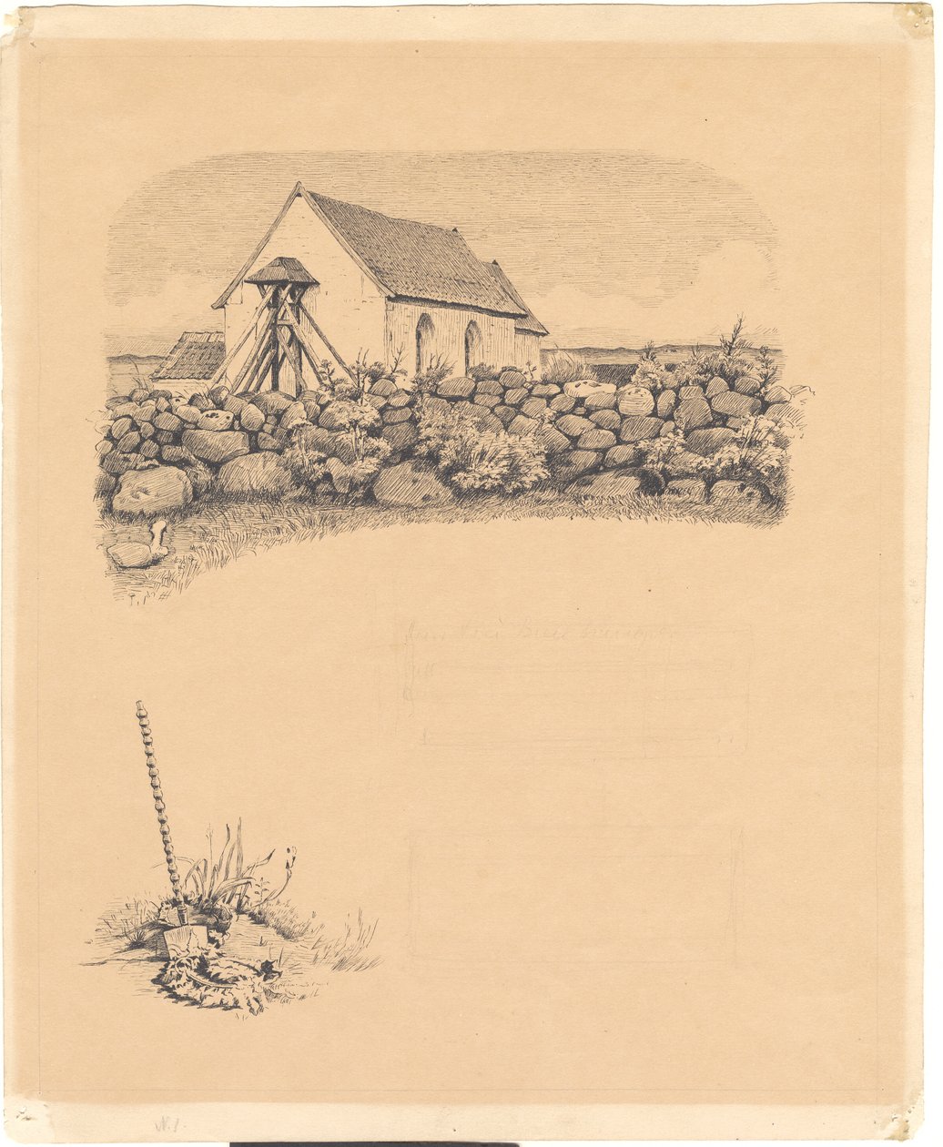 Kuvitus St. St. Valkaisuaineet: "Mowns". F.o.: kirkko kivien takana; f.n.: hautapaikka (?) lapiolla tekijältä Hans Smidth