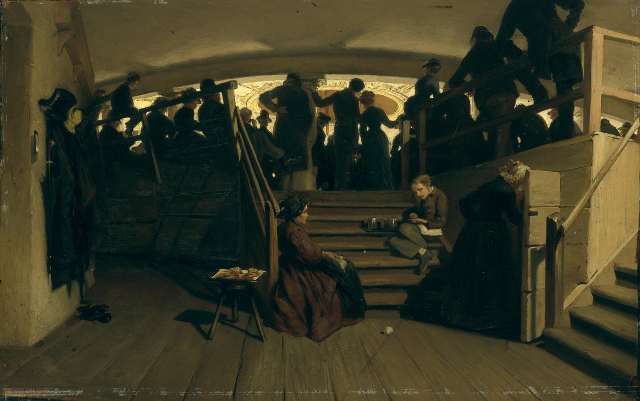 Hampurin valtionteatterin galleriassa, n. 1880 (öljy paperille pahville) tekijältä Hans Speckter