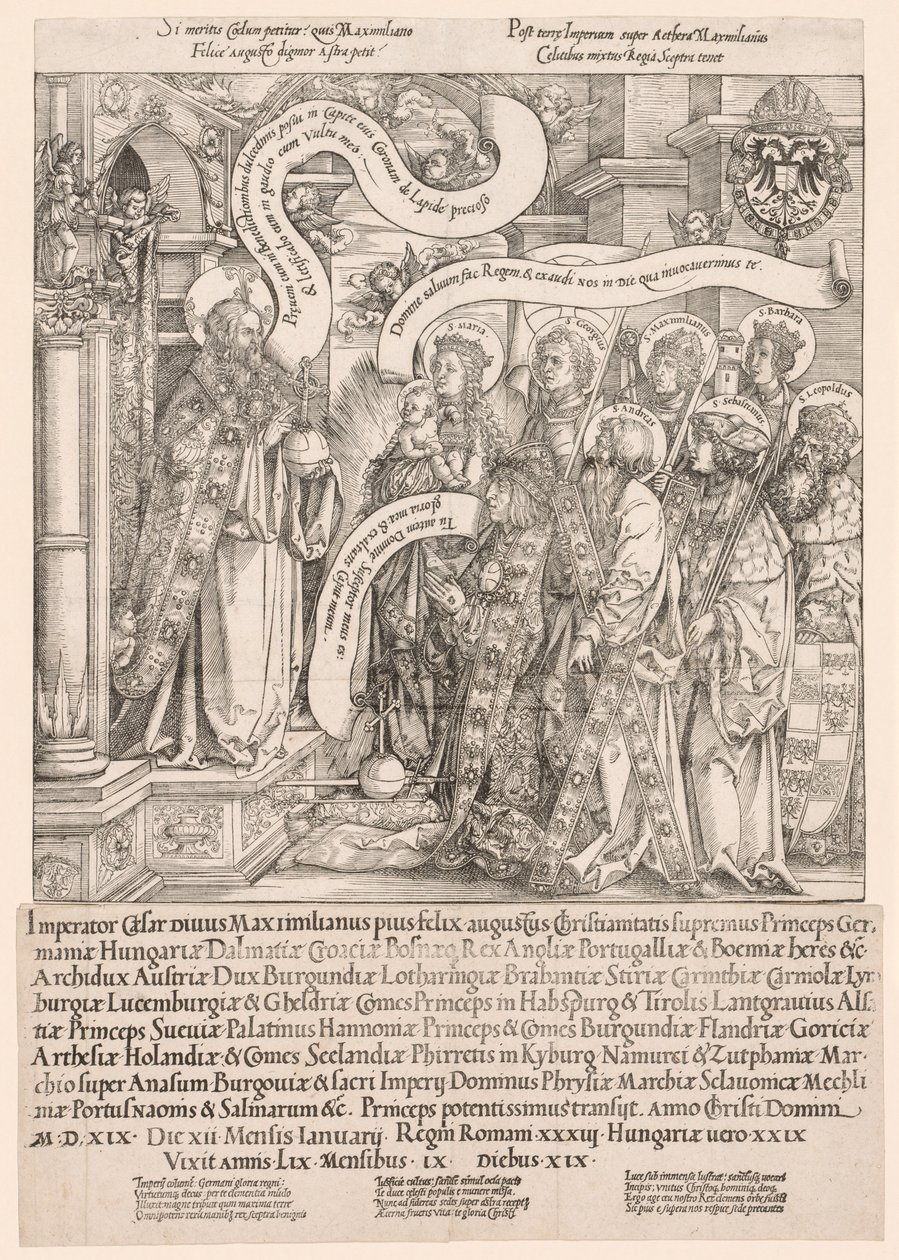Maximilianin suojeluspyhimys esitti Kaikkivaltialle, 1519. tekijältä Hans Springinklee