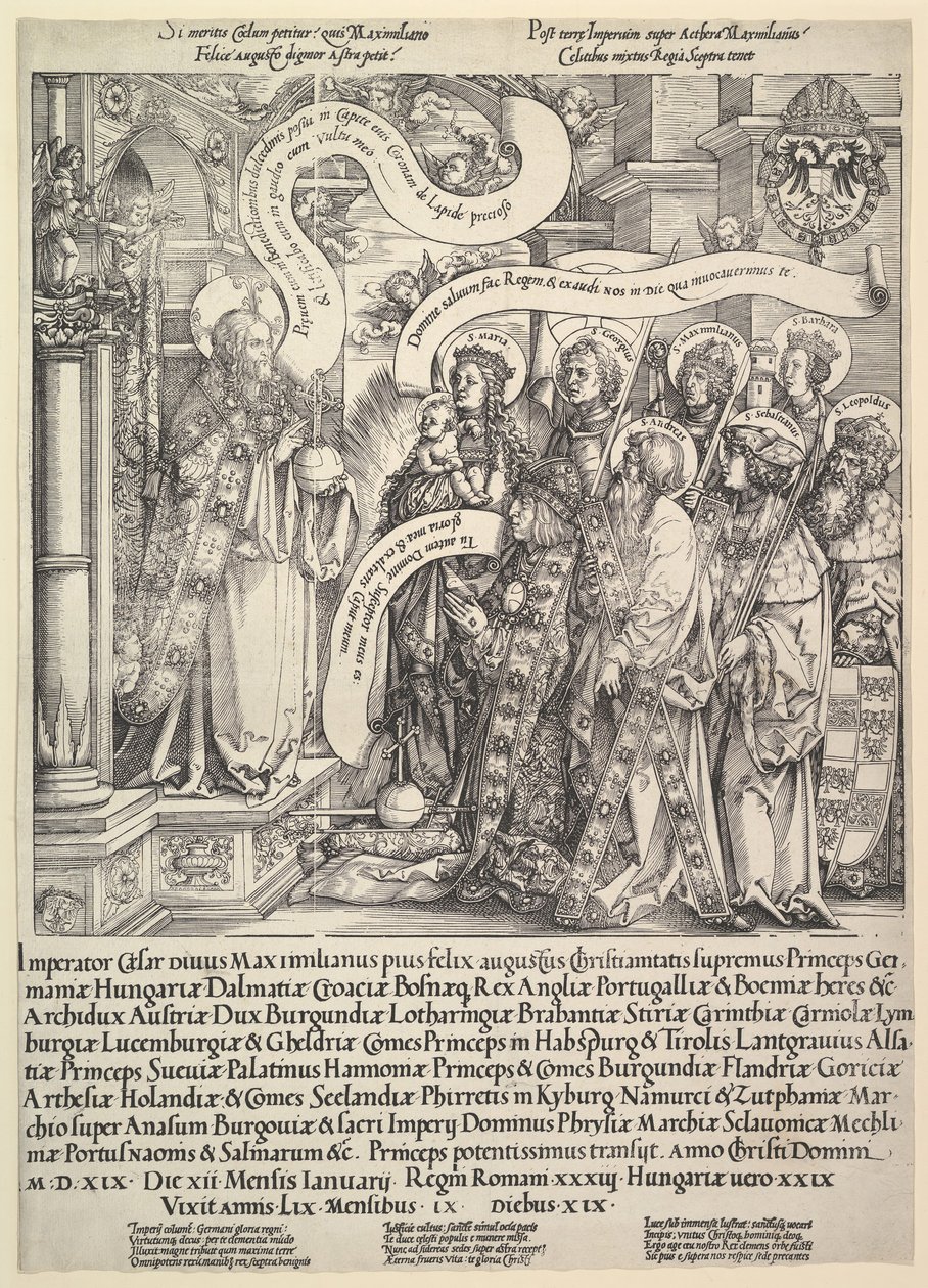 Maximilianin suojeluspyhimys esitti Kaikkivaltialle, 1519. tekijältä Hans Springinklee