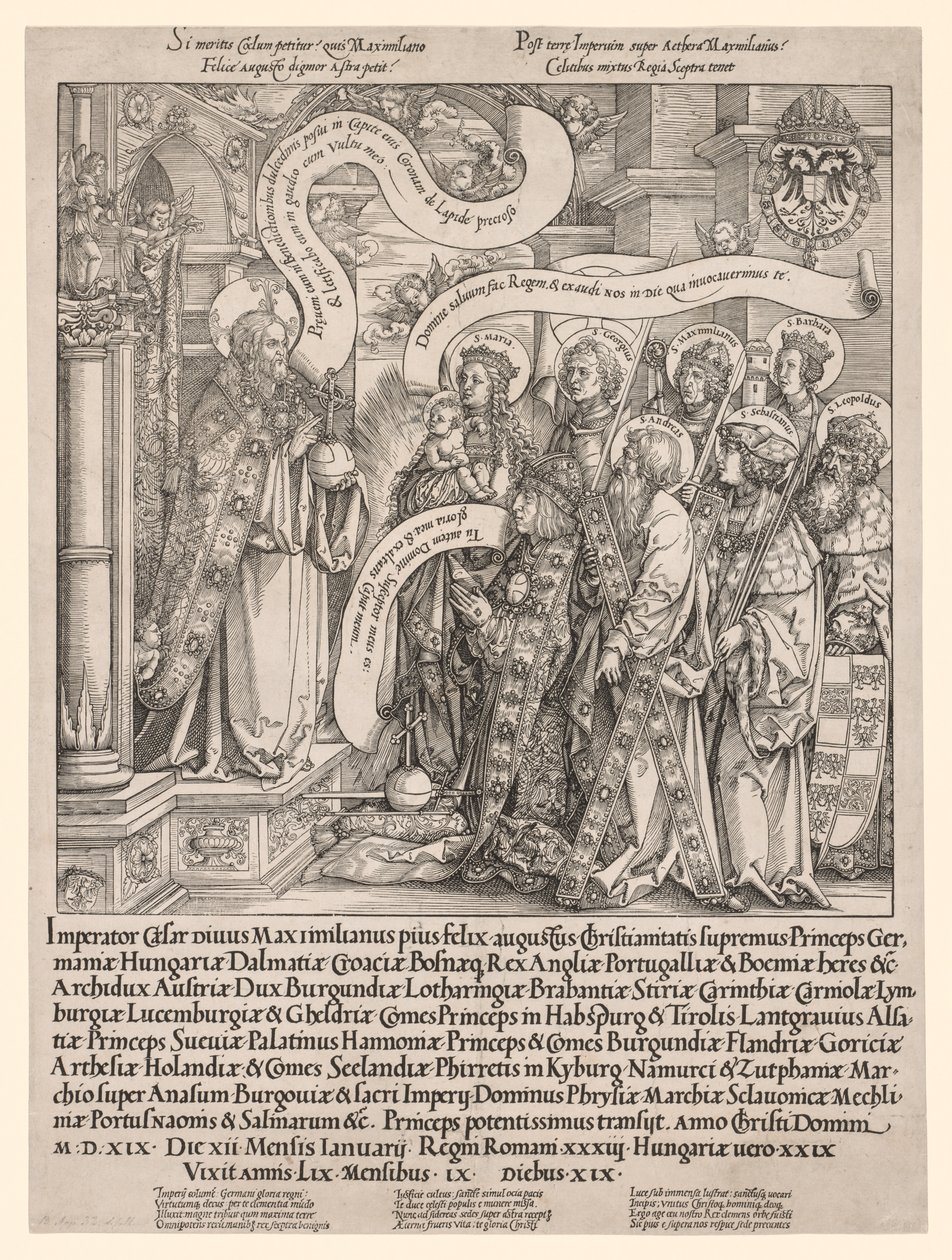 Keisari Maximilian, jonka hänen suojeluspyhinsä esittivät Kaikkivaltialle, 1519. tekijältä Hans Springinklee