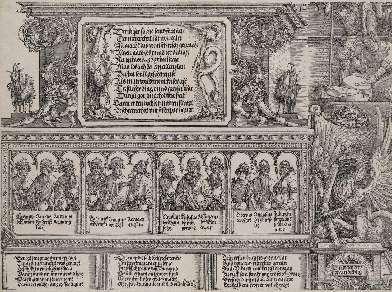 Vasemman portaalin yläosa, kirjoitus leijonanahalla, friisi B..., 1515. tekijältä Hans Springinklee