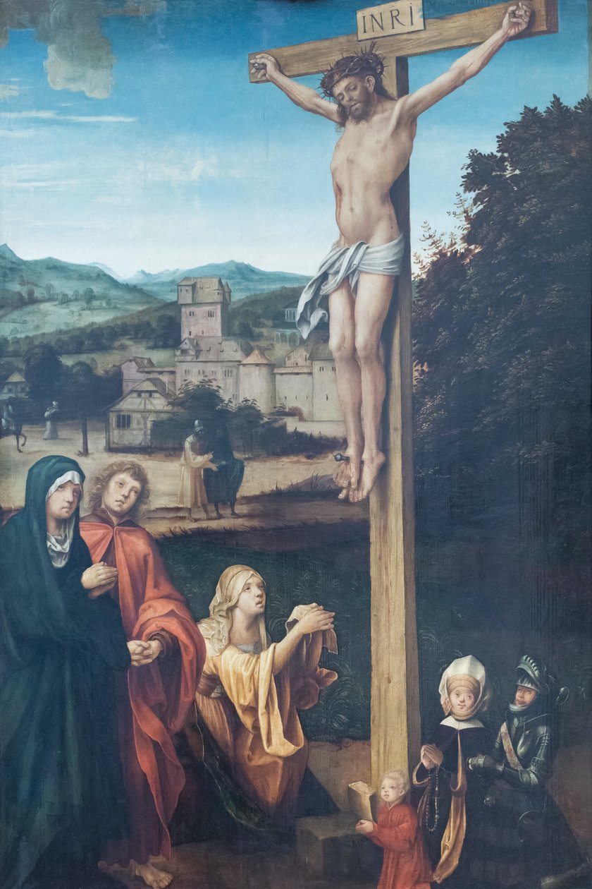 Kristus ristiinnaulittiin Marian, pyhän Johanneksen, pyhän Maria Magdaleenan ja suojelijoiden kanssa tekijältä Hans Suess Kulmbach