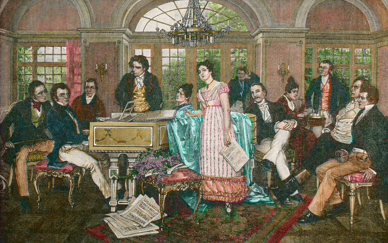 FRANZ SCHUBERT (1797-1828) Itävaltalainen säveltäjä - Schubert-ilta Joseph von Spaunin kodissa - vasemmalta oikealle: Bauernfeld, Schubert, Kupelwieser, Beethoven, Frohlich-sisaret, Mayrhofer, Schwind, Spaun, Vogl, Grillparzer - Schubert Spaunin jälkeen tekijältä Hans Temple