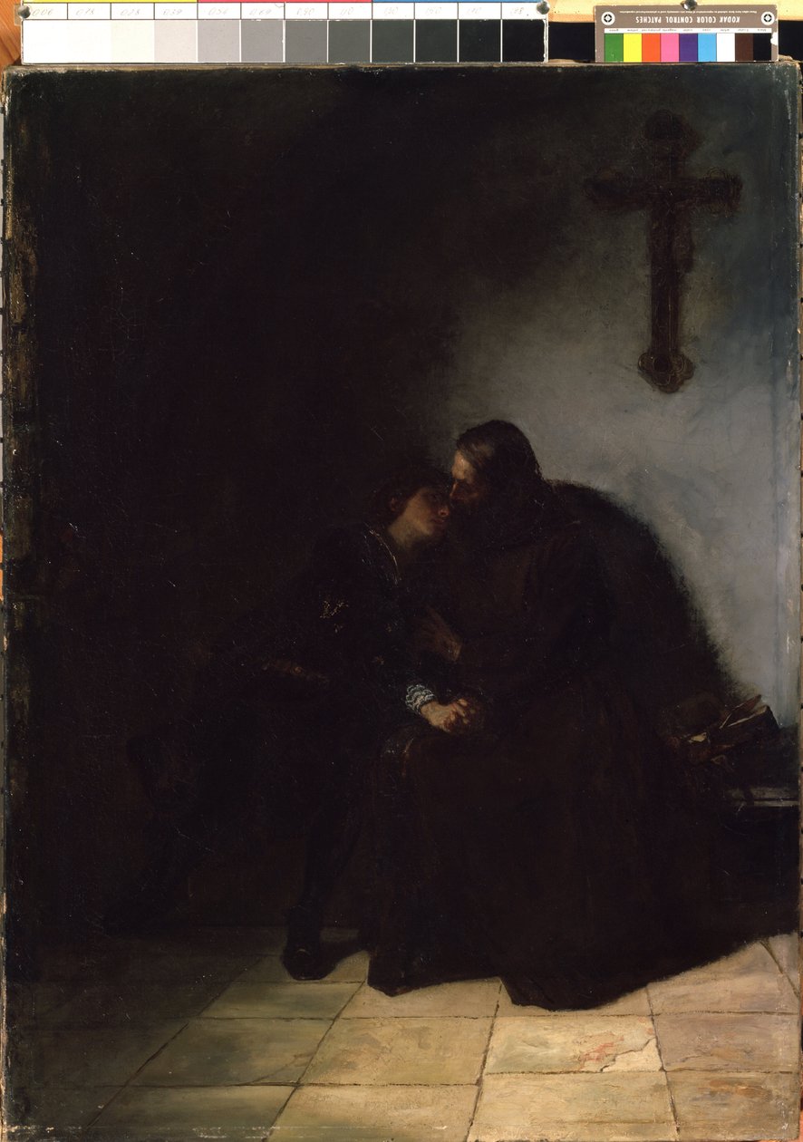 ""Voitun jäähyväiset" (tuomion jäähyväiset) tuomitun miehen jäähyväiset vaimolleen. Hans Thoman (1839-1924) maalaus Mikalojus Konstantinas Ciurlionisin taidemuseo, Kaunas, Liettua tekijältä Hans Thoma