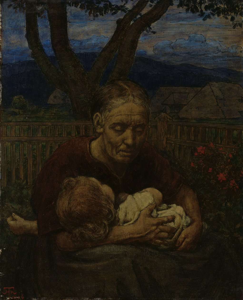 Äiti ja lapsi puutarhassa tekijältä Hans Thoma