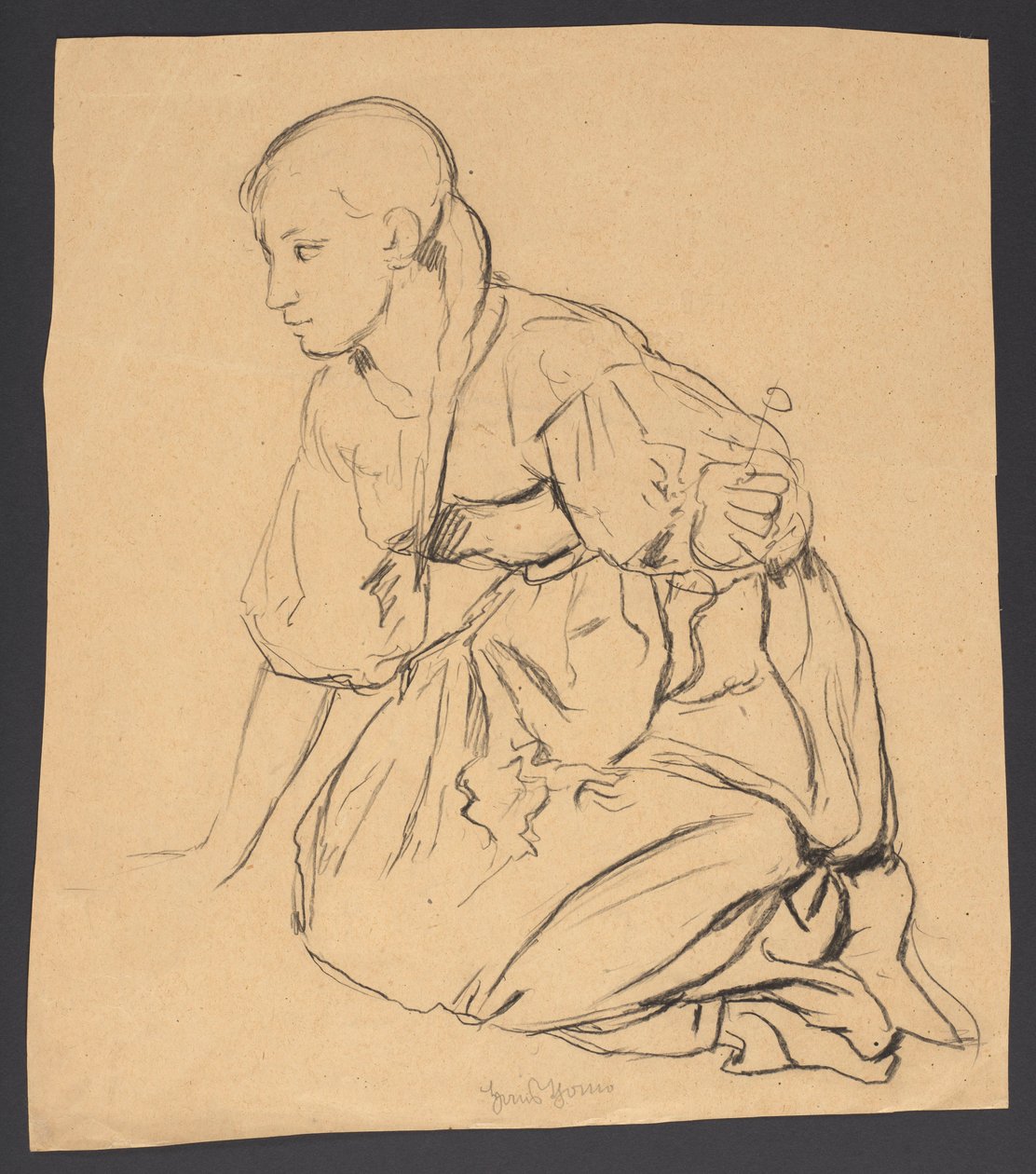 Studie eines Mädchens, das auf einer Wiese kniet tekijältä Hans Thoma