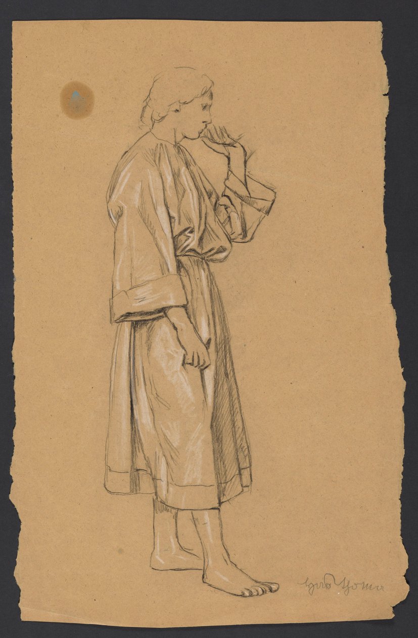 Studie eines jungen Mannes in antikisierender Kleidung, mit der linken Hand zum Kinn erhoben tekijältä Hans Thoma