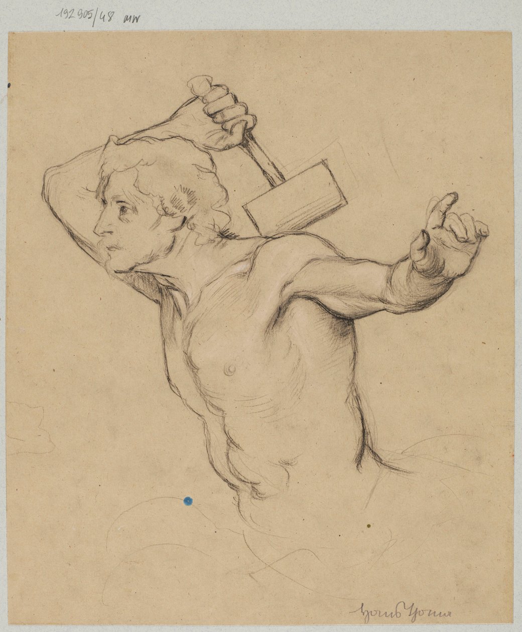 Piirros vyötäröön asti kuvatusta alastomasta miehestä, joka nostaa vasaraa ylöspäin tekijältä Hans Thoma