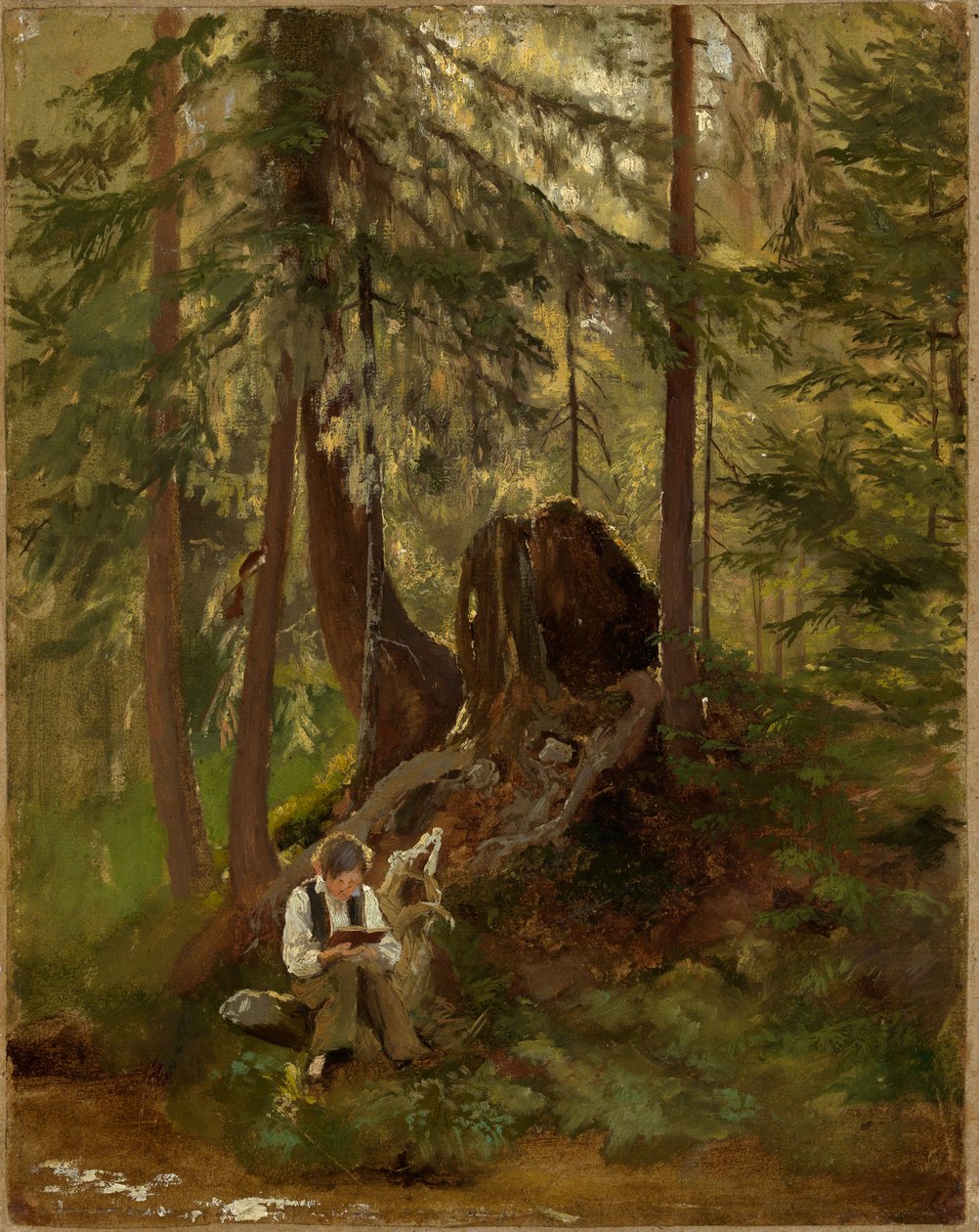 Metsän sisäosa ja lukeva poika tekijältä Hans Thoma