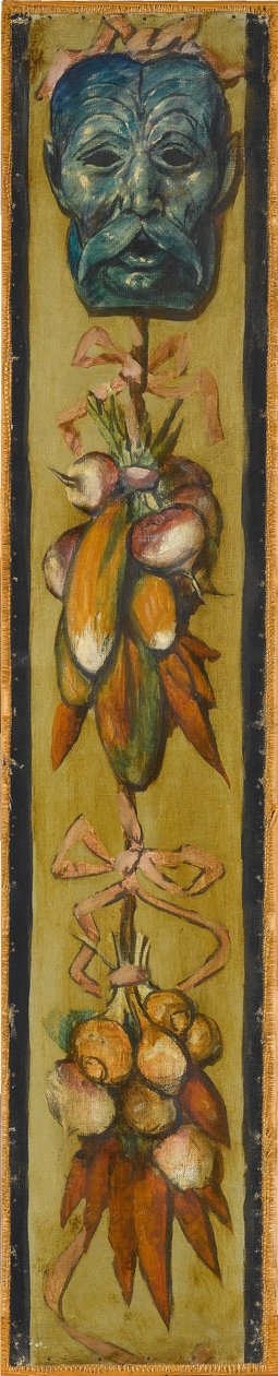 Wandfries aus dem Musiksaal des Hauses Pringsheim, München: Bärtige Maske mit Gemüsebündeln. Rechts von Inv.-Nr. 1917 tekijältä Hans Thoma