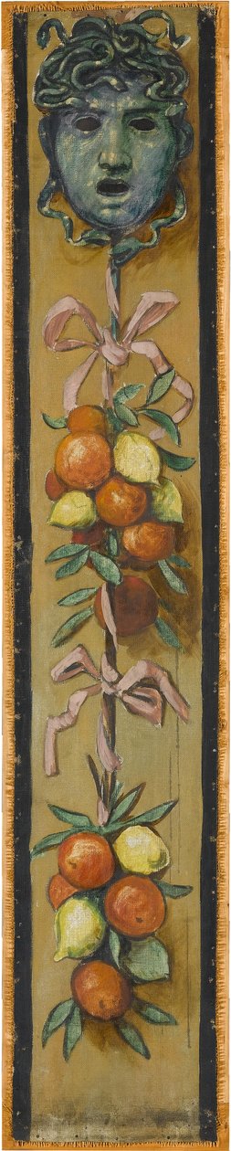 Wandfries aus dem Musiksaal des Hauses Pringsheim, München: Medusenhaupt, Orangen- und Zitronenbündel. Links von Inv.-Nr. 1925 tekijältä Hans Thoma