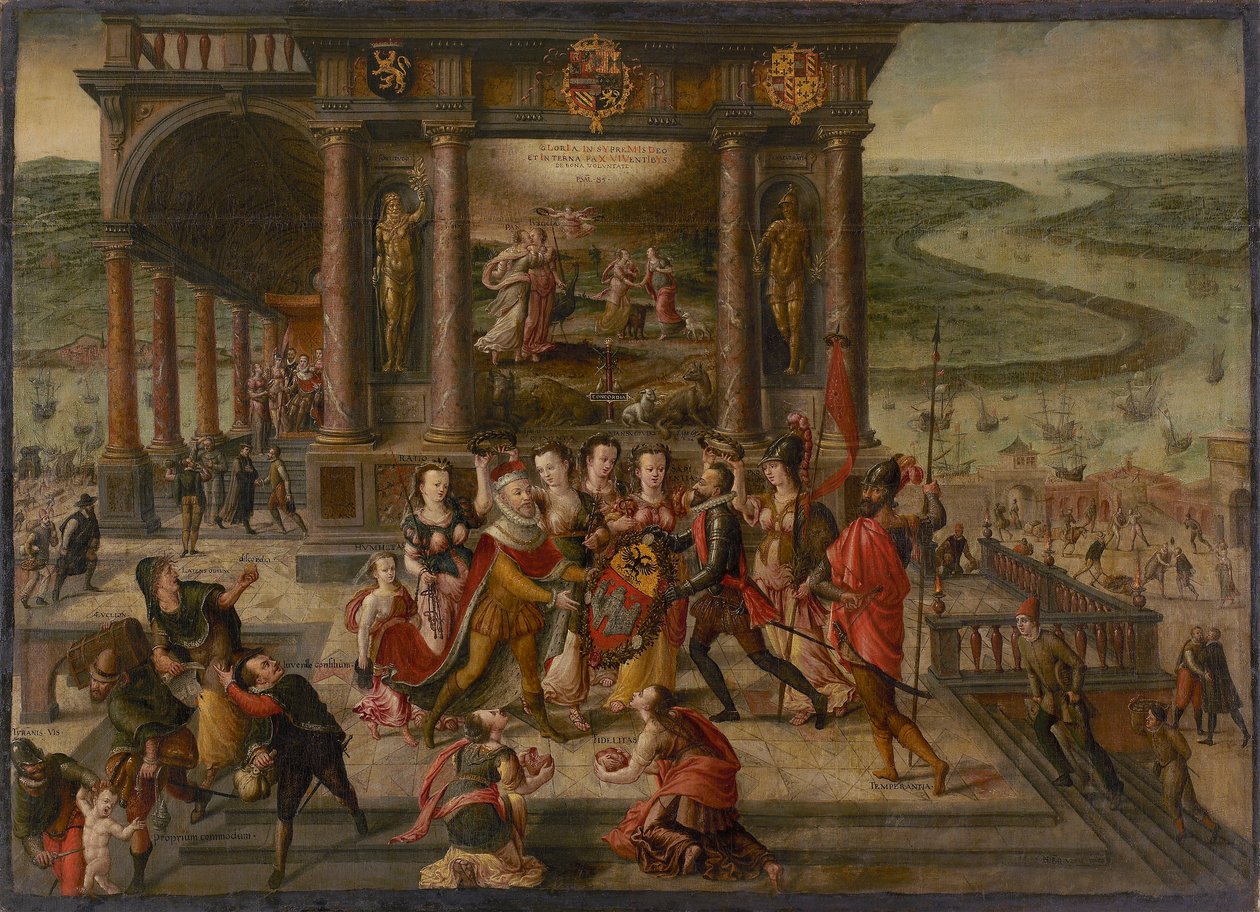 Allegoria Antwerpenin kukistumisesta 17. elokuuta 1585, 1585-1586. tekijältä Hans Vredeman de Vries