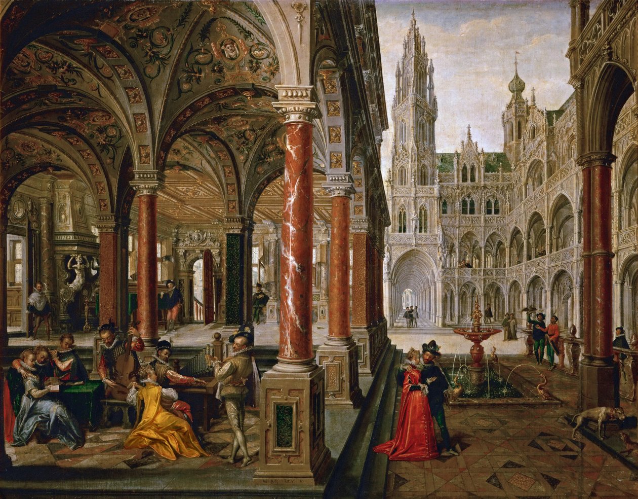 Palatsi muusikoiden kanssa - Hans Vredeman de Vries (Jan de Vriese tai Friedman de Frise) (1526-1606). öljy kankaalle tekijältä Hans Vredeman de Vries
