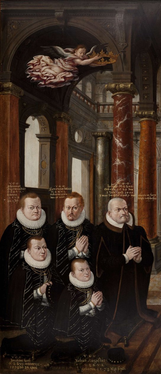 Juliuksen Brunswick-Lüneburgin ja Hedwigin Brandenburgin perhe. Epitaph-alttaritaulun siipi tekijältä Hans Vredeman de Vries