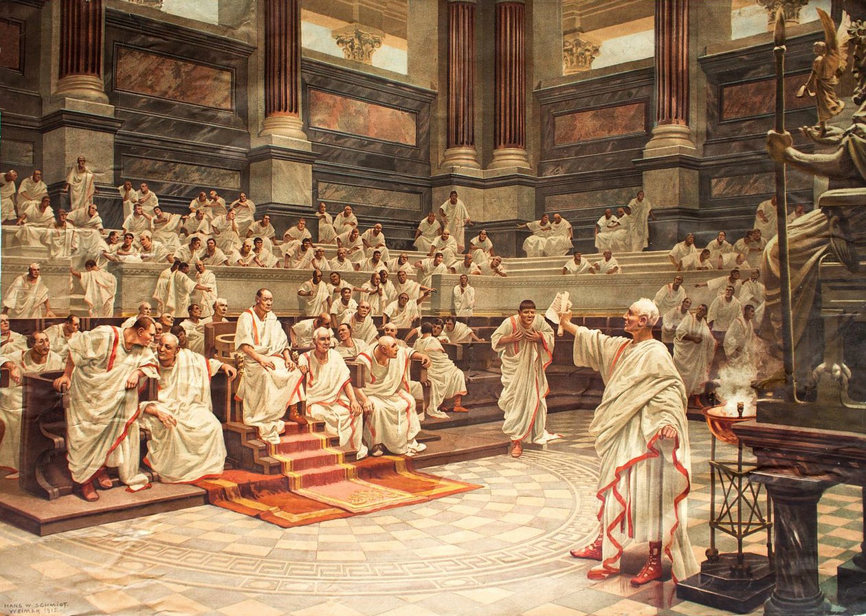 Cicero syytti senaatissa Catilinaa (108-62 eKr.) loihtimisesta, 21. lokakuuta 63 eKr. - kromolitografia tekijältä Hans W. Schmidt