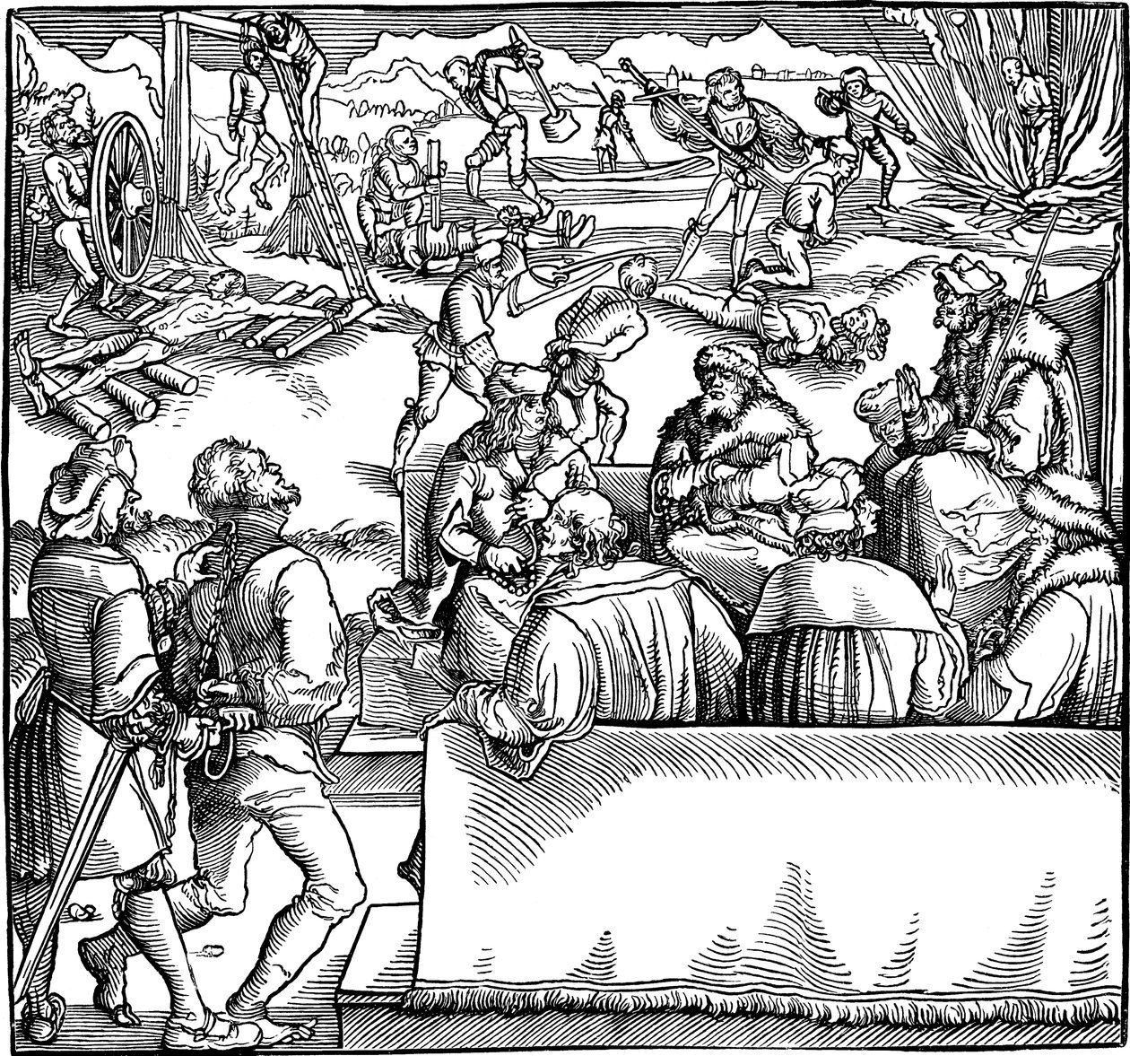 Oikeuden istunto. Kuvitus Petrarchin kirjasta Phisicke Against Fortune, 1532 tekijältä Hans Weiditz the Younger