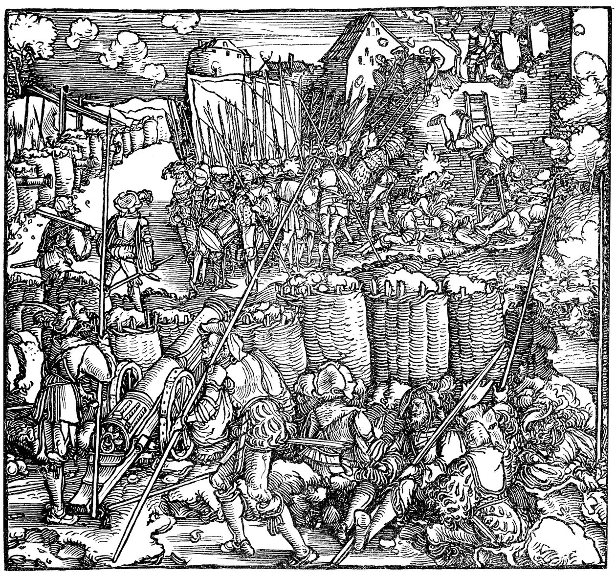Linnoituksen piiritys. Kuvitus Petrarchin kirjasta Phisicke Against Fortune, 1532 tekijältä Hans Weiditz the Younger