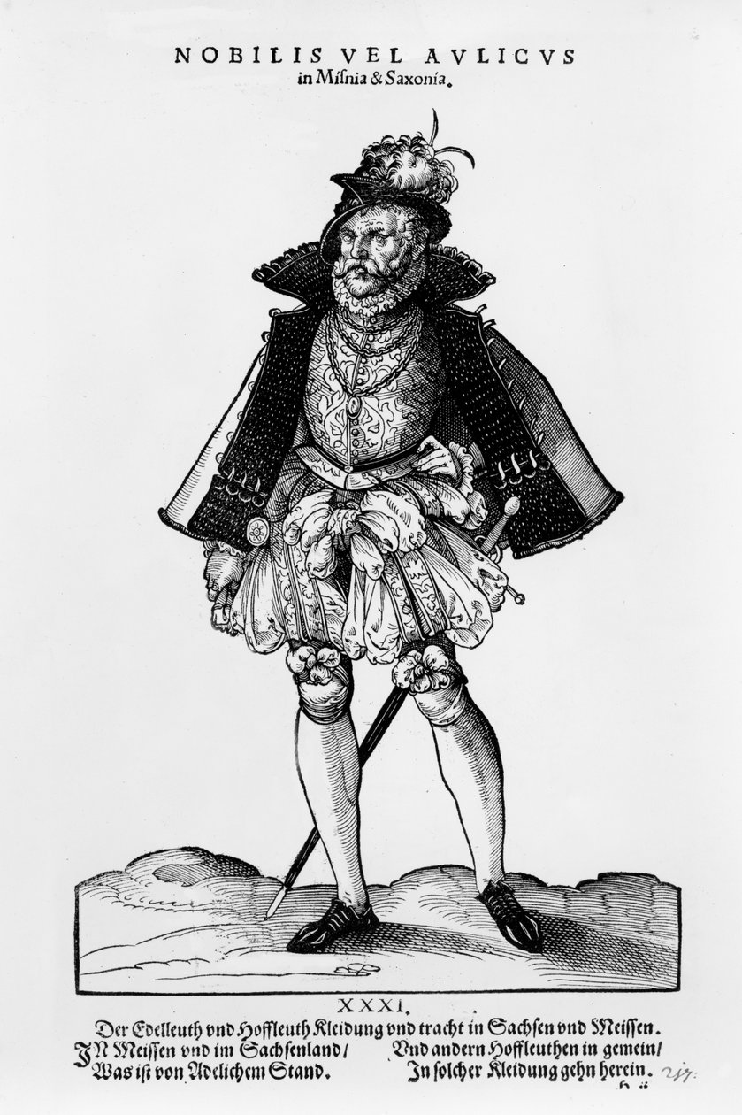 Aatelinen Misniasta ja Saxoniasta, kuvitus Hans Weigelin Trachtenbuchista, julkaistu 1577 (puupiirros ja kohopaino) tekijältä Hans Weigel