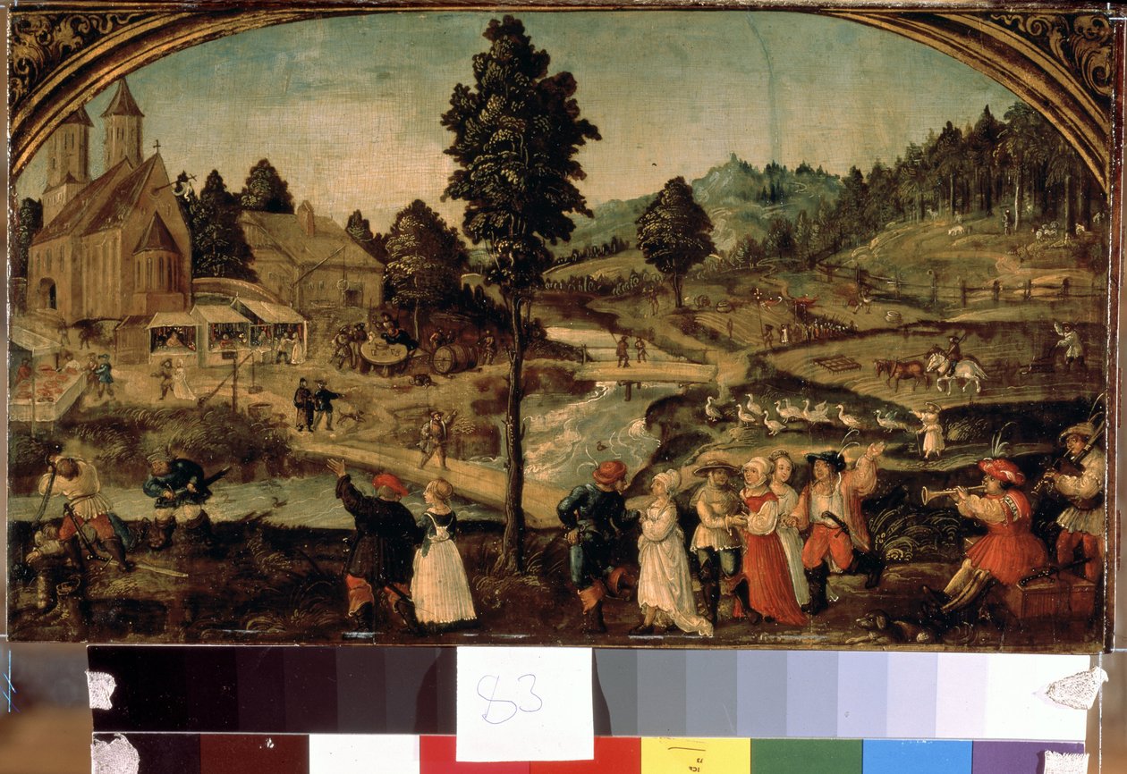 Fete de village (Village Fete). Hans Von Wertingerin (noin 1465-1533) maalaus. Öljy puulle, 22,5 x 40 cm, 1400-luvun loppu. Saksalainen taide, renessanssi. Eremitaaši, Pietari. tekijältä Hans Wertinger