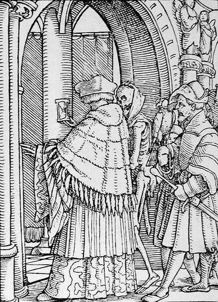 Kuolema ja kaanon, teoksesta The Dance of Death, kaiverrus Hans Lutzelburger, n. 1538 tekijältä Hans after Holbein the Younger