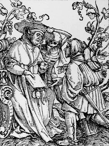 Kuolema ja kardinaali, teoksesta The Dance of Death, kaiverrus Hans Lutzelburger, n. 1538 tekijältä Hans after Holbein the Younger