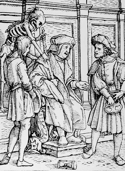 Kuolema ja tuomari, teoksesta The Dance of Death, kaiverrus Hans Lutzelburger, n. 1538 tekijältä Hans after Holbein the Younger