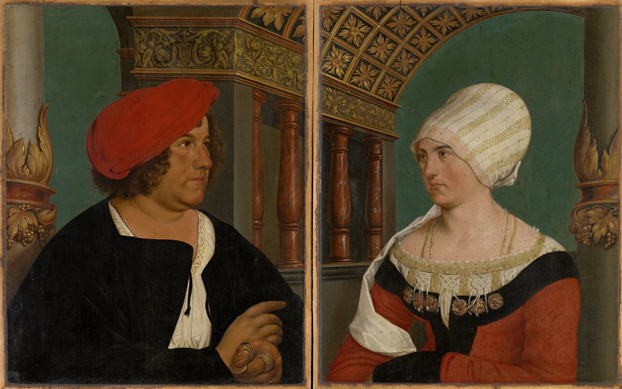 Baselin pormestarin Jacob Meyer zum Hasenin ja hänen vaimonsa Dorothea Kannengiesserin kaksoismuotokuva, 1516 (tempera kalkkipuulla) tekijältä Hans after Holbein the Younger
