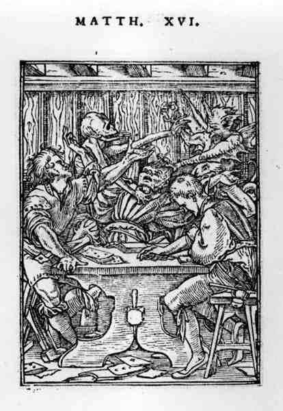 The Gamesters, Kuoleman tanssi -sarjasta, kaiverrus Hans Lutzelburger (fl.1505-26) n. 1526-28 tekijältä Hans after Holbein the Younger