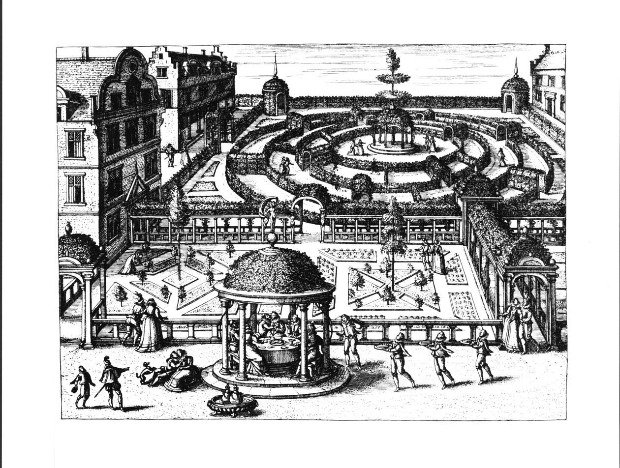 Garden, julkaisusta "The Garden of the Green and the Elegant and Multiple Forms", julkaistu n. 1583 tekijältä Hans or Jan Vredeman de Vries