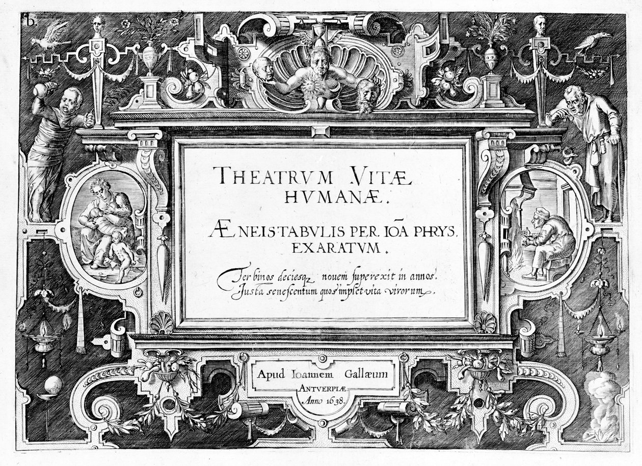 Johannes Wierixin (1549-c.1618) kaiverruksen "Theatrum Vitae Humanae" nimiölehti, joka painettiin uudelleen vuonna 1638. tekijältä Hans or Jan Vredeman de Vries