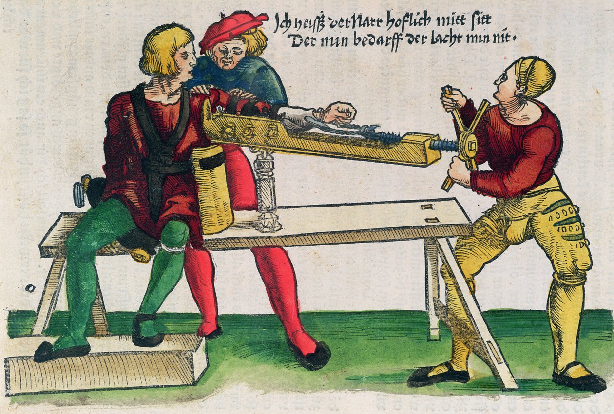 Laite käsivarren murtumien parantamiseen, kuva Hans von Gersdorffin teoksesta "Feldtbuch der Wundartzney", n. 1540 (värillinen puupiirros) tekijältä Hans or Johannes Ulrich Wechtlin