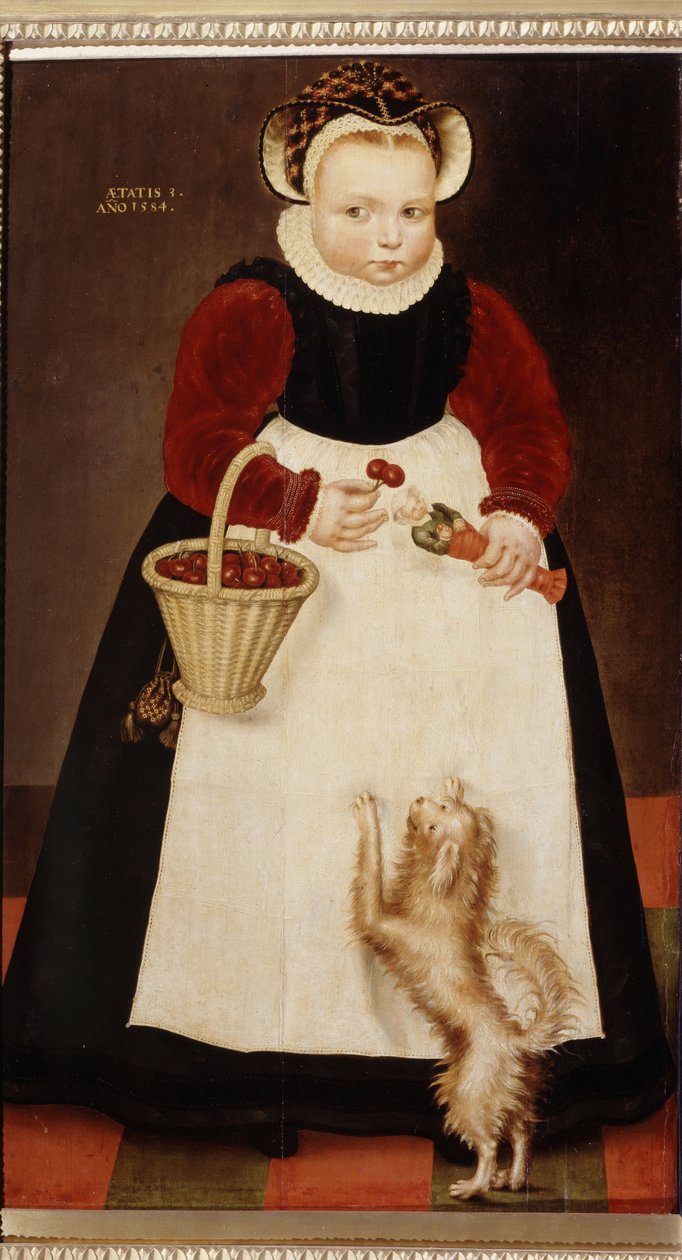 ""Pienen tytön muotokuva, jolla on kirsikoiden kori ja pieni nukke"" (Nuoren tytön muotokuva) Hänellä on mansikkakaulus Hans Bock vanhemman maalaus (noin 1550-1623) 1584 Pushkin-museo, Moskova tekijältä Hans the Elder Bock