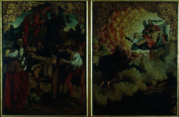 Pietarin ja Paavalin tarinat alttaritaulu: yksityiskohta, jossa Pietarin ristiinnaulitseminen, Paavalin taivaaseen astuminen (öljy paneelille) (yksityiskohta) (yksityiskohta) tekijältä Hans von Klumbach