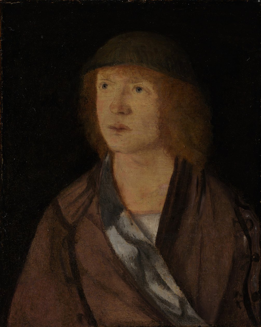 Nuoren miehen muotokuva, käänteinen tyttö tekemässä seppelettä, n. 1508. tekijältä Hans von Kulmbach