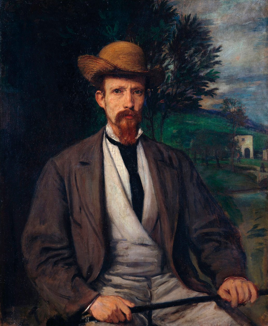 "Omamuotokuva keltaisella hatulla" (Omakuva keltaisella hatulla) Hans von Mareesin (1837-1887) maalaus Koko 97x80 cm Öljy kankaalle 1874 Staatliche Museen, Berliini tekijältä Hans von Marées