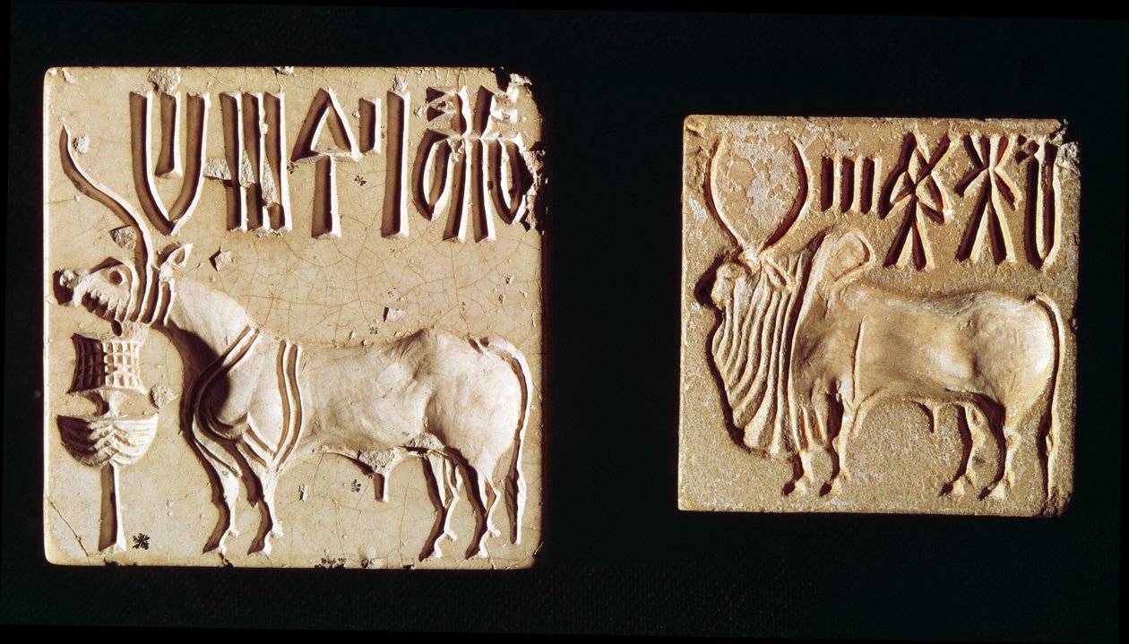 Kaksi mytologisia eläimiä kuvaavaa sinettiä Mohenjo-Darosta, noin 2300 eaa tekijältä Harappan