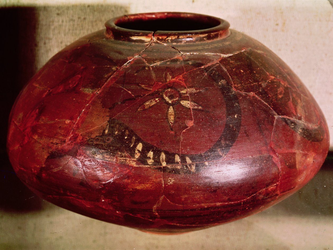 Käärmeellä ja kukalla koristeltu maljakko, Kot Dijistä, Induslaakso, Pakistan, 3000-1500 eaa. (keramiikka) tekijältä Harappan