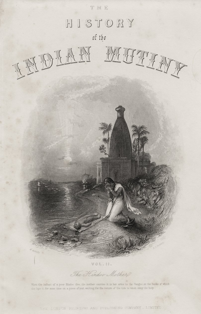 Hindoo Mother, kaiverrettu E.J. Portbury, nimisivu julkaisusta "The History of the Indian Mutiny", julkaistu vuonna 1858 tekijältä Harden Sidney Melville