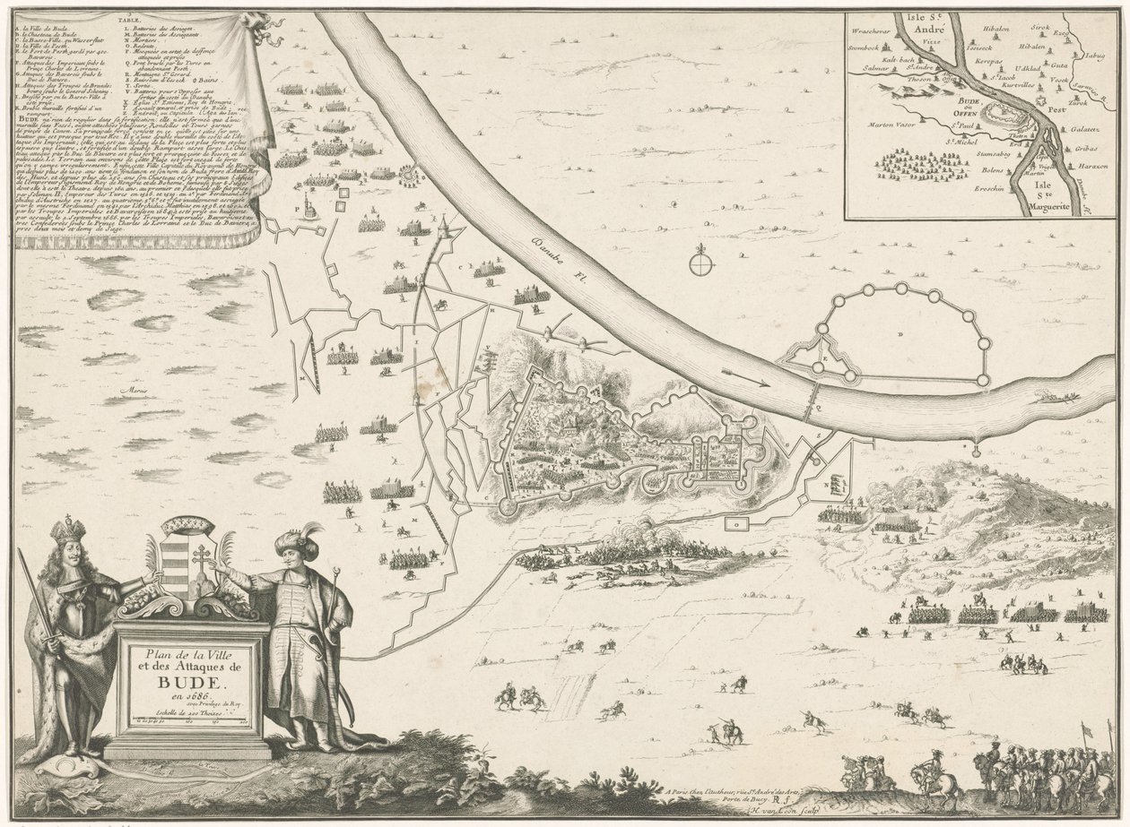 Plattegrond van Buda, 1686 Kaupunkisuunnitelma ja Buden hyökkäykset 1686 (otsikko esineessä) tekijältä Harmanus van Loon