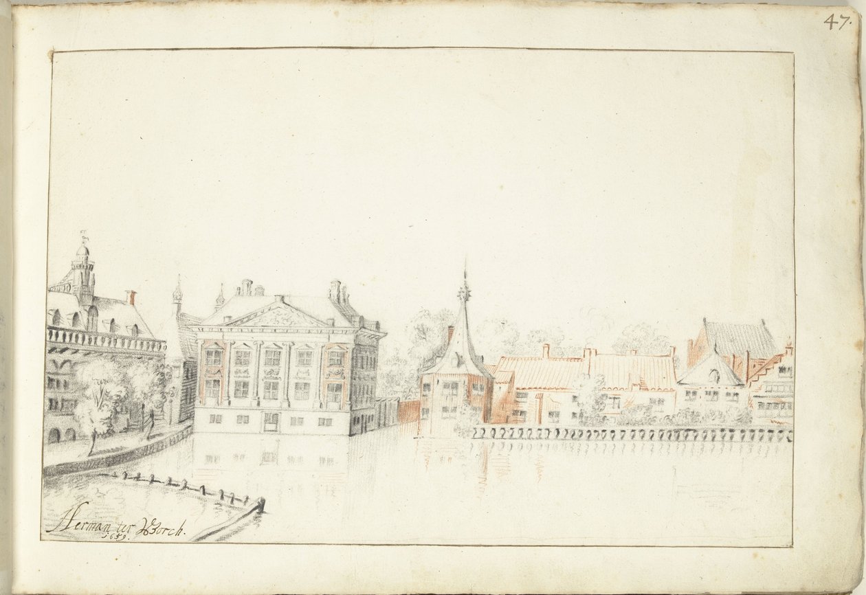 Näkymä Haagin Hofvijverin rakennuksista tekijältä Harmen ter Borch (signed by artist)