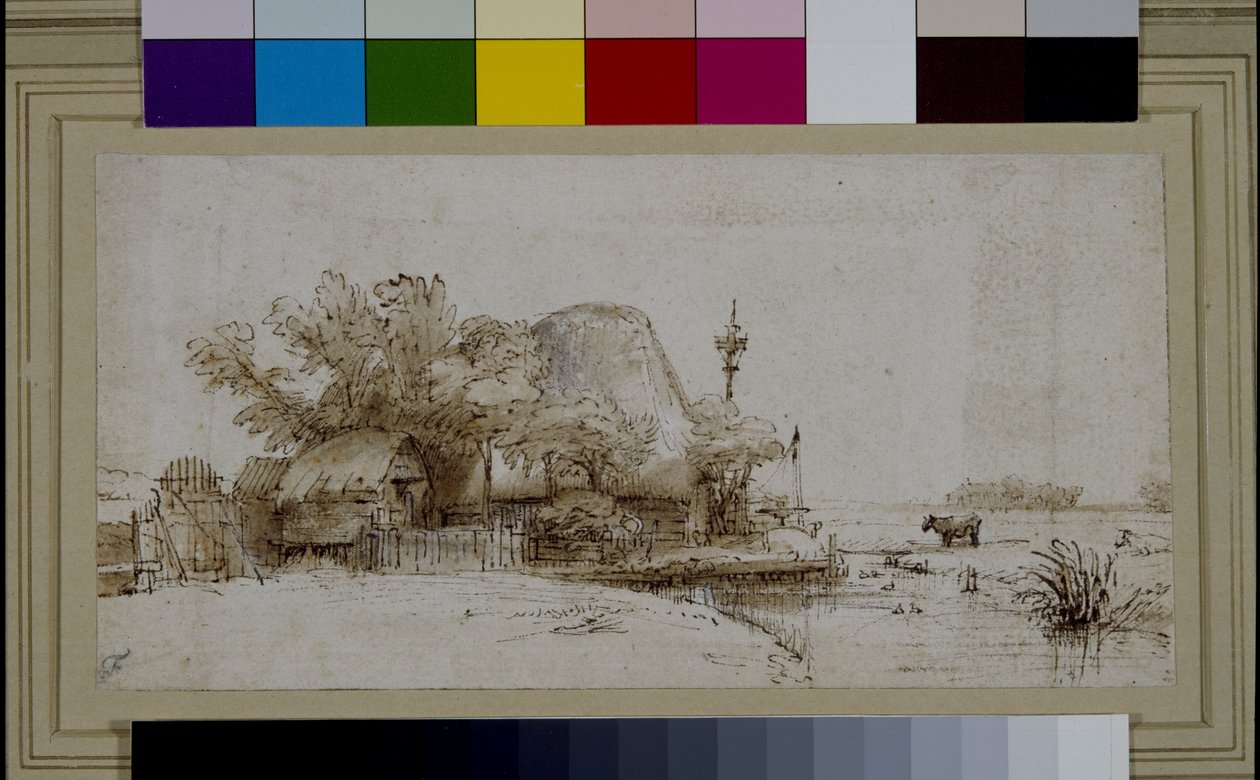 Maisema ja maalaistalo joen rannalla (kynä ja muste paperille) tekijältä Harmensz Van Rijn (after) Rembrandt
