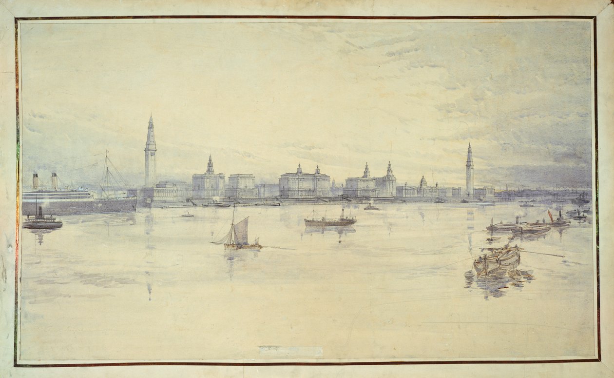 Projekti Liverpool Waterfrontille (kynä ja muste ja wc paperilla) tekijältä Harold Chalton Bradshaw