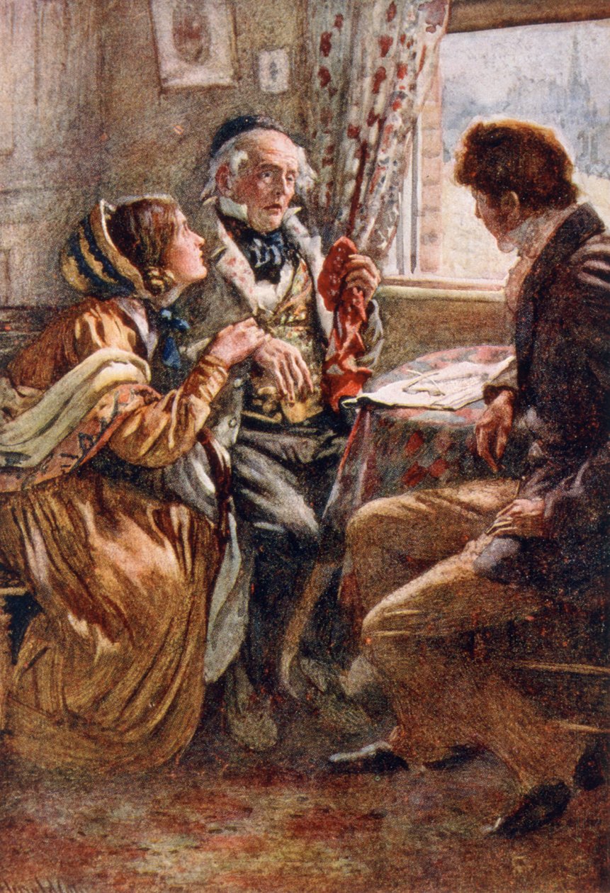 Arthur Clennam kertoo hyviä uutisia, kuvitus "Dickensin hahmoluonnoksista", jonka on koonnut B.W. Matz, 1924 tekijältä Harold Copping