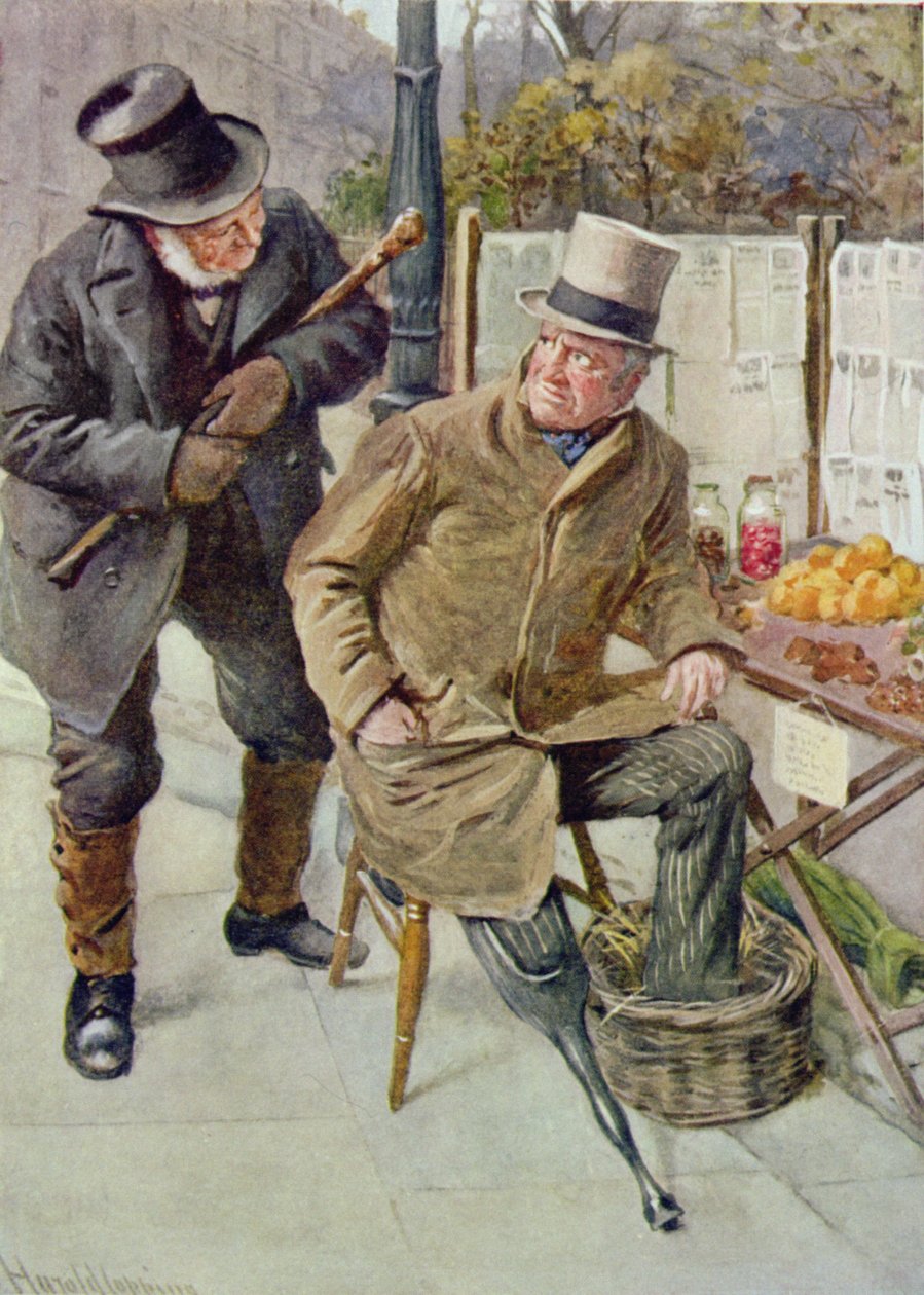 Herra Boffin ja Silas Wegg, kuvitus "Dickensin hahmoluonnoksista", jonka on koonnut B.W. Matz, 1924 tekijältä Harold Copping
