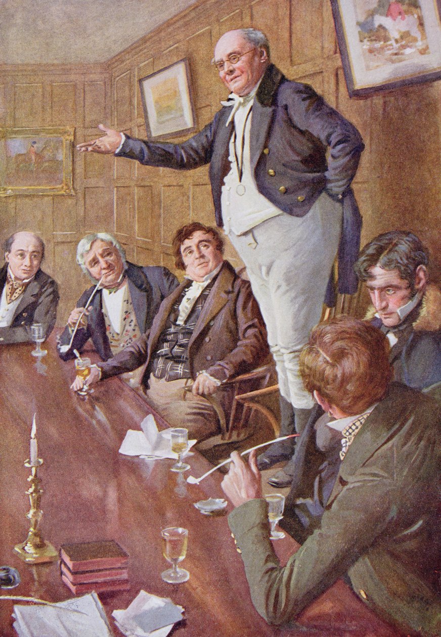 Mr Pickwick puhuu klubille, kuvitus "Dickensin hahmoluonnoksista", jonka on koonnut B.W. Matz, 1924 tekijältä Harold Copping