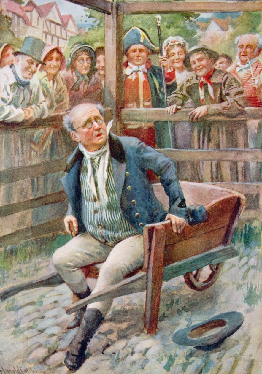 Mr Pickwick in the Pound, kuvitus "Dickensin hahmoluonnoksista", jonka on koonnut B.W. Matz, 1924 tekijältä Harold Copping